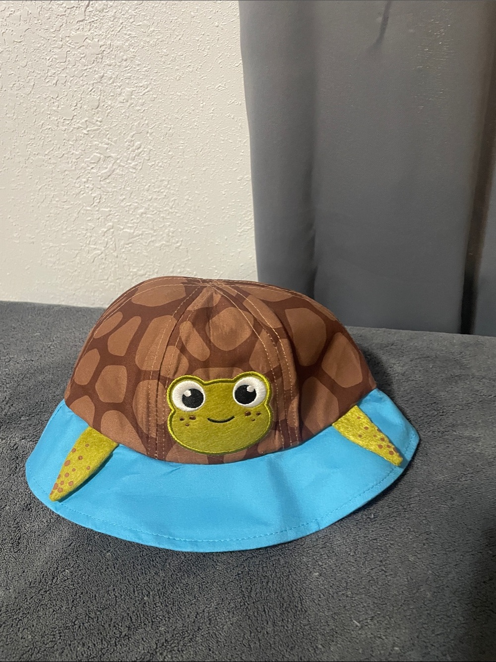Children's Brown Turtle Bucket Hat with Blue Brim